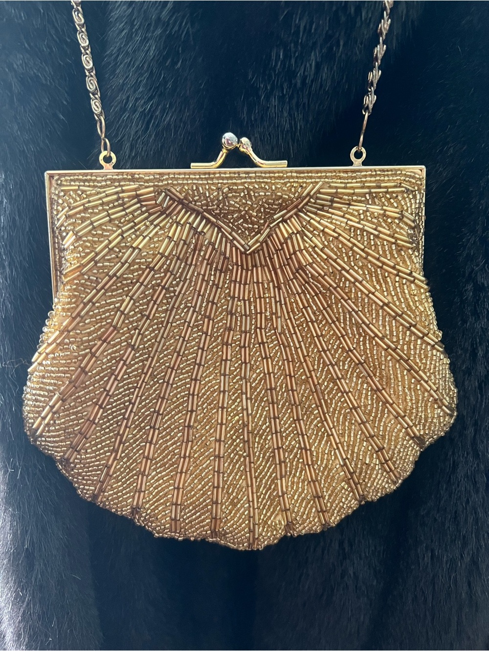 Preston & York Gold Beaded Evening Bag Art Deco Clutch Chain Strap Gatsby Purse